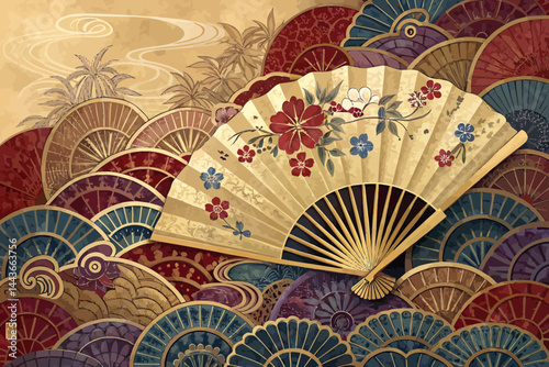 Ornate background featuring a large golden fan with floral accents among several decorative fans