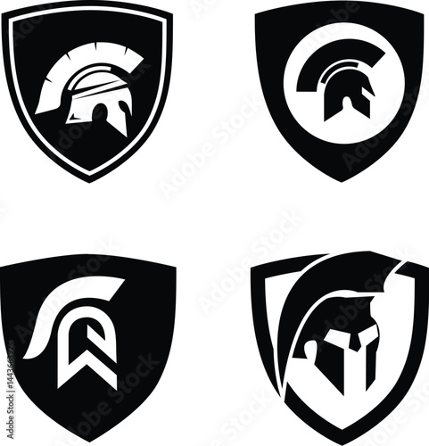 Vector silhouettes of Spartans or warriors with shields, presented as an illustration set in a variety shapes.