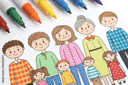 Illustration of a family drawing with colorful markers lying on a white surface in a studio setting