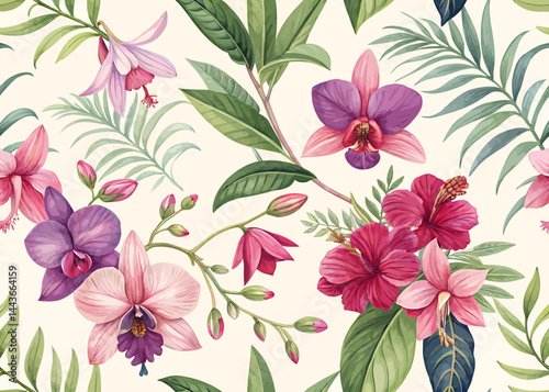 Elegant floral pattern featuring orchids hibiscus and fuchsia flowers with tropical green leaves design