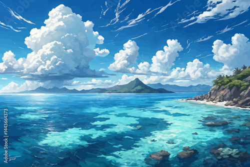 A scenic view of a tropical island with fluffy clouds and turquoise water on a bright sunny day scene