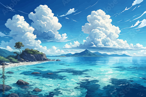 A beautiful seascape with fluffy clouds over a tranquil ocean and a rocky island on the horizon line