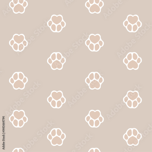 Cat, dog paw vector seamless pattern, footprint, icon. Beige cute children's illustration, background.