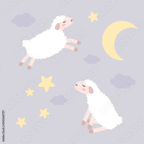 Sheep funny characters. Cute sheep jumping over the moon and stars. Elements for your design, pattern. Good night children's vector illustration.