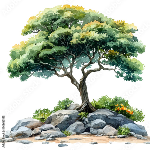 Rare Koa Tree In Hawaii, vector watercolor illustration, isolated on a white background.