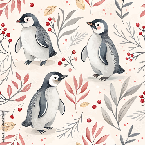 Watercolor pattern featuring penguins with winter foliage and red berries on a light background