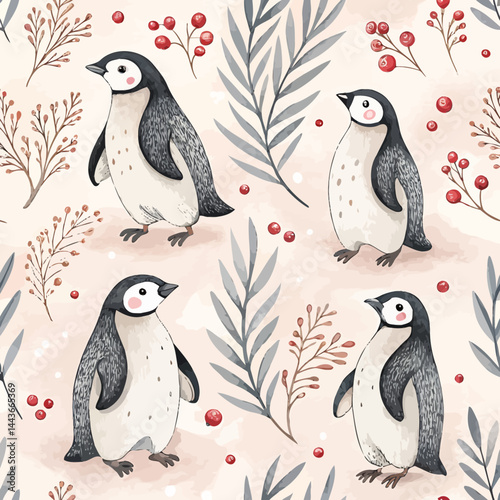 Seamless pattern featuring penguins, red berries, and gray leaves on a light pink background design theme