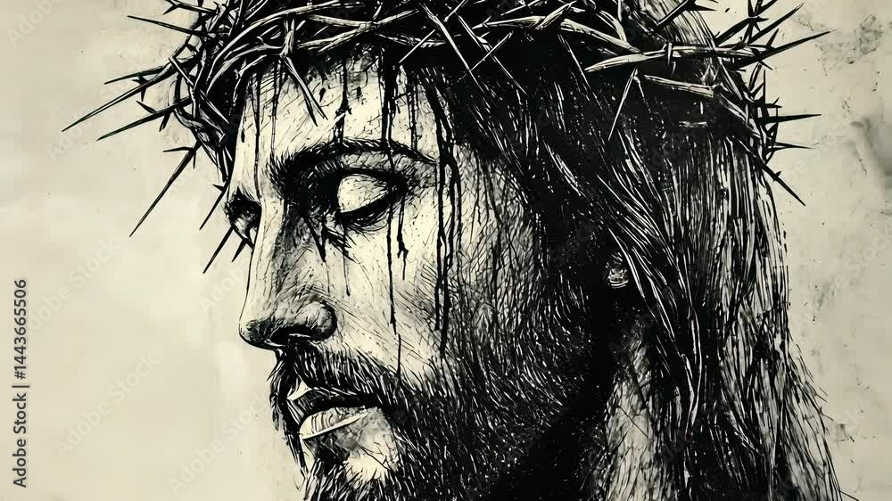 Jesus .Artistic depiction of a crowned figure reflecting deep emotion and spirituality in a somber atmosphere