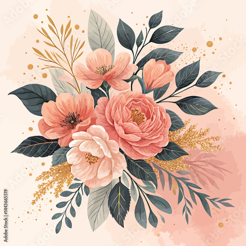 Elegant floral arrangement featuring peach and white flowers with dark green leaves and golden accents art