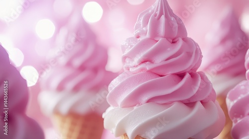 Close-up of pink and white swirl soft serve ice cream on cone