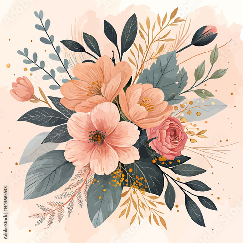Watercolor floral arrangement featuring peach and pink flowers with green and gold foliage artfully designed