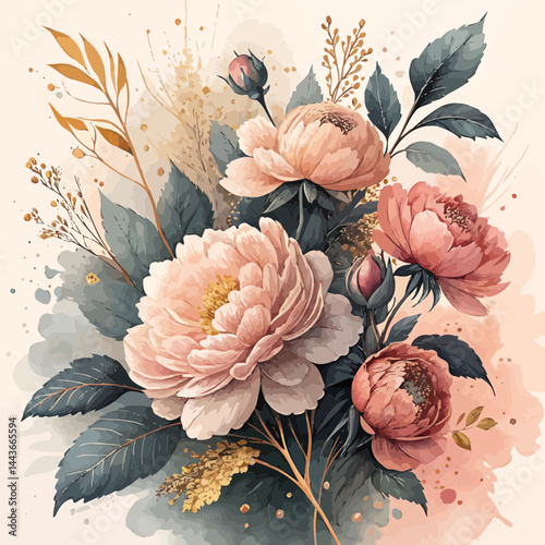 Watercolor painting of peonies with buds and leaves in shades of pink and green on a light background