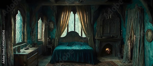 Gothic bedroom interior, fireplace, teal walls, fantasy setting, film production