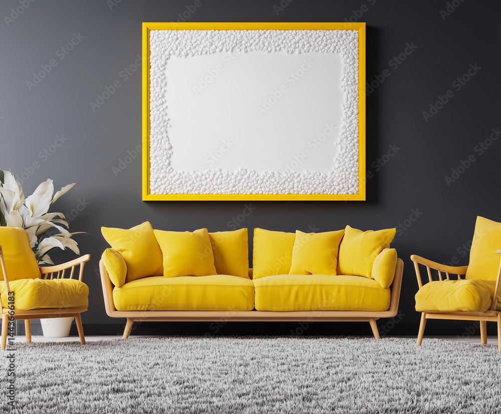 Modern yellow sofa in dark living room.