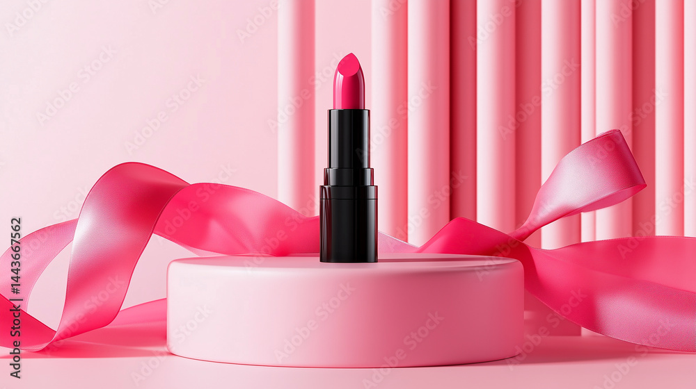 Pink lipstick standing upright on a round podium.
