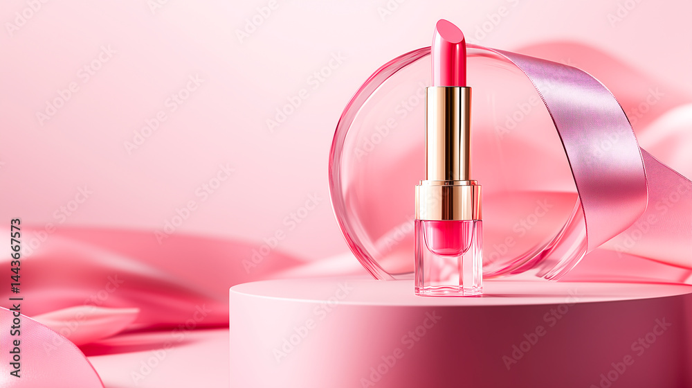 Pink lipstick standing upright on a round podium.