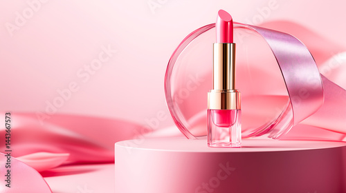 Obraz na płótnie Pink lipstick standing upright on a round podium. w salonie