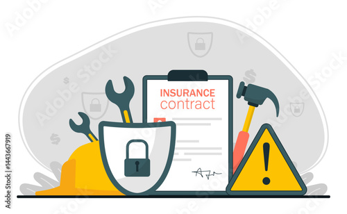 Labor insurance policy scene. Occupational safety regulation work contract. Accident protection and safety of workers. Employee life assurance and injury prevention. Flat isolated vector illustration.