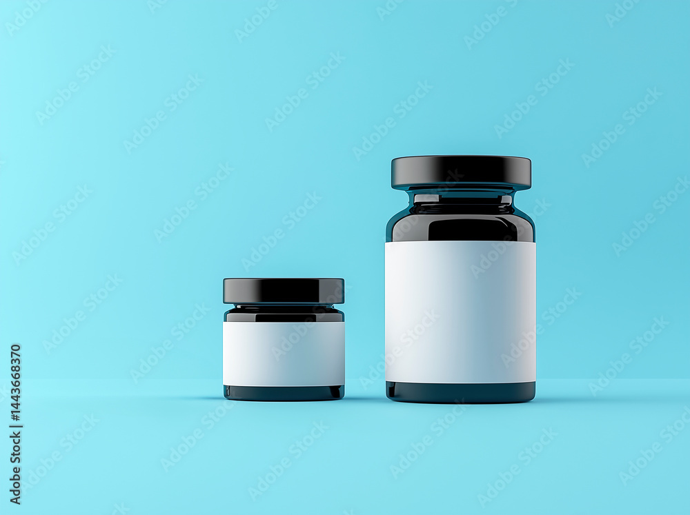 Glass medical vial with transparent blue liquid and blank white label on pastel blue background.