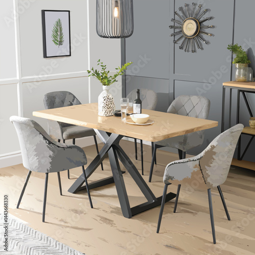 Modern Dining Room with Light Wood Table and Gray Upholstered Chairs – Minimalist Interior Design

