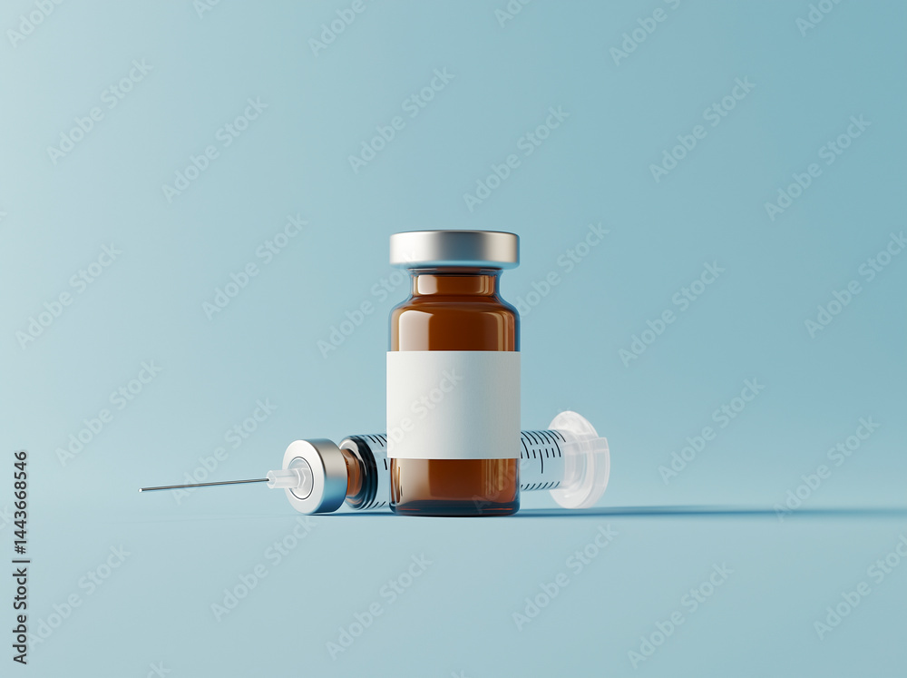 Amber glass vial with blank white label and syringe on blue background.
