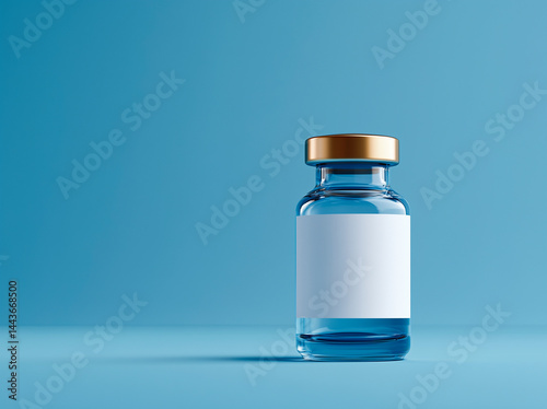 Obraz na płótnie Glass medical vial with transparent blue liquid and blank white label on pastel blue background. w salonie