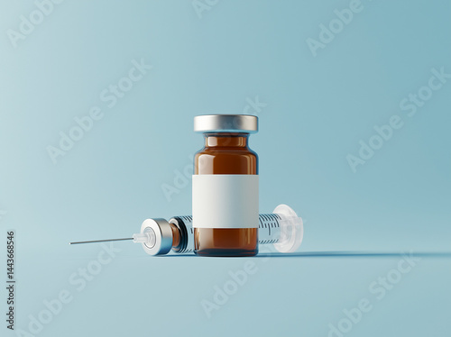 Obraz na płótnie Amber glass vial with blank white label and syringe on blue background. w salonie