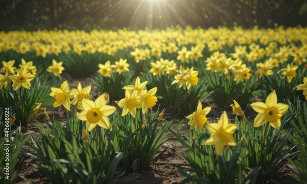 Obraz premium Sunny yellow daffodils burst forth in a verdant field , image, wildflowers