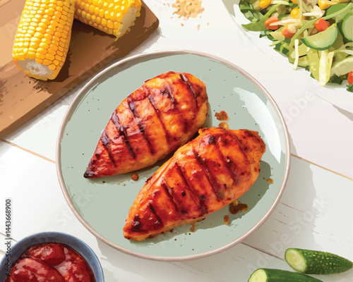 Grilled Chicken Breast with Corn Salad and Cucumbers