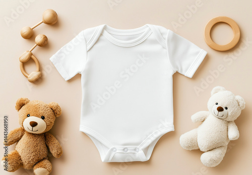 Baby bodysuit mockup surrounded by plush teddy bears and wooden baby toys.