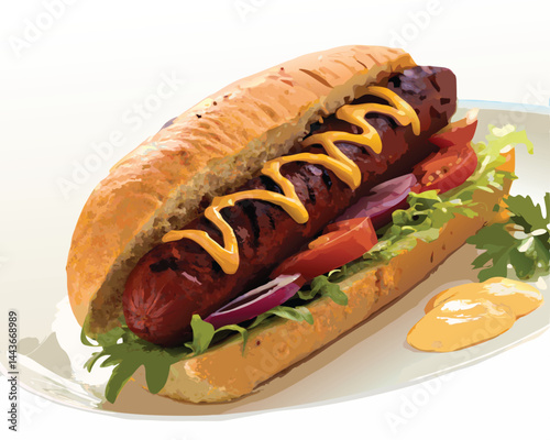 Delicious Grilled Sausage Hot Dog with Mustard and Vegetables