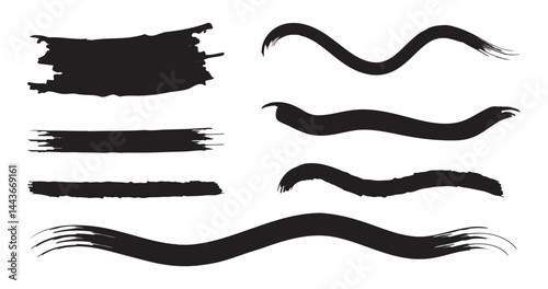 Black brush strokes vector illustration, abstract grunge texture on white background. Artistic design element, paint smear, ink splatter, creative graphic element.