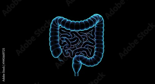 Fototapeta Naklejka Na Ścianę i Meble -  Detailed anatomical illustration of the human intestines, glowing in a vibrant blue color.
