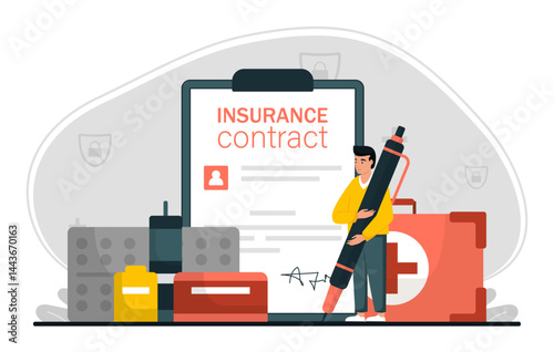 Health insurance policy scene. Man fill medical contract with giant pen. Healthcare, safety and protection. Agreement document. Financial coverage medicine and drugs. Flat isolated vector illustration