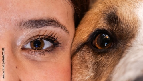 Woman and dog sharing a moment of affection: close-up of eyes reflecting love and companionship