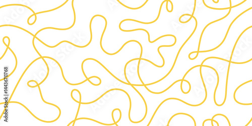 Pasta seamless pattern. Italian spaghetti background. Yellow japan ramen design. Chinese noodle texture. Doodle wavy line pattern. Hand drawn food bg. Vector illustration isolated on white background.