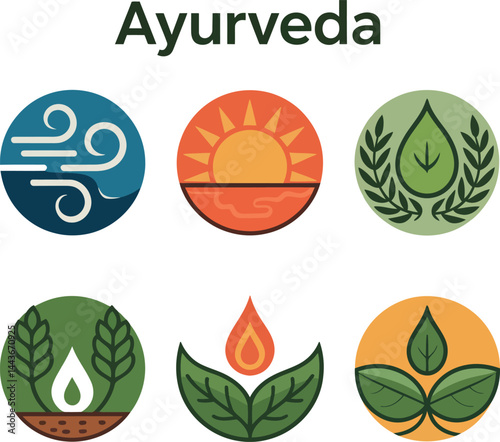 Ayurveda Icon Set Elements of Nature in Holistic Healing Vectors