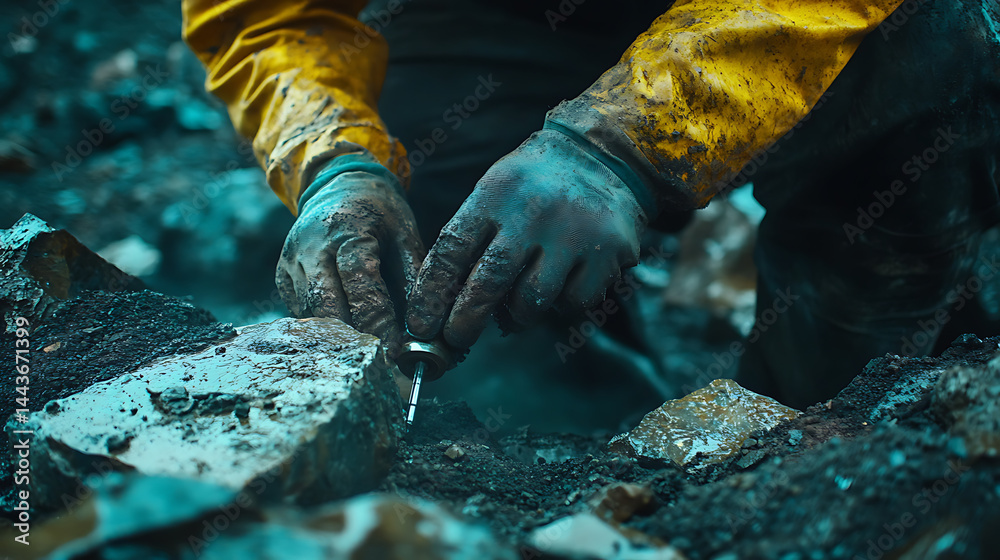 Miner Extracting Sample from Rock Formation Miner Extracting Sample from Rock Formation