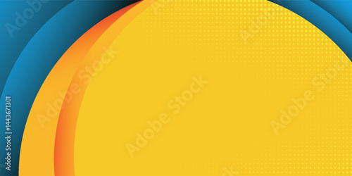 Abstract yellow and blue geometric curve overlap layer background with halftone dots decoration. Modern horizontal banner template design.