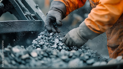 Worker Handling Crushed Minerals in Industrial Setting
