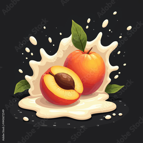 Vector design with sliced apricot or peach,
cream splashes of milk yogurt isolated 
on black background. Fashionable print for paper, 
fruit ice cream, yogurt label, food packaging.