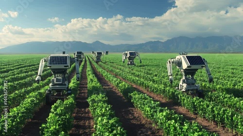 Solar-powered robots work in green crop fields under a bright blue sky.