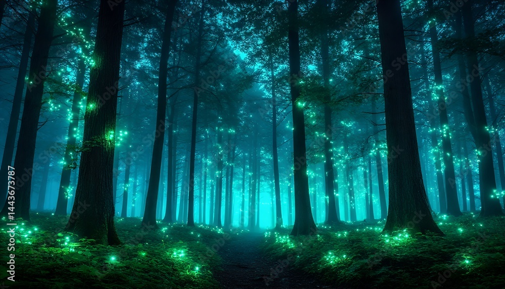Fototapeta premium Enchanted forest with glowing lights in a mystical atmosphere 