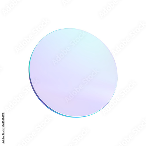 Glass round blue lens transparent. 3d gradient holographic disk icon. Light circle badge element. Abstract disc, lens, button, badge, podium, frame flying gradation texture. Vector 3d illustration