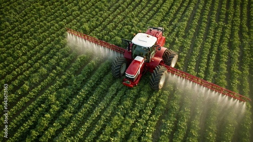 Agricultural field with red tractor spraying water, nourishing crops for optimal growth and potential yield