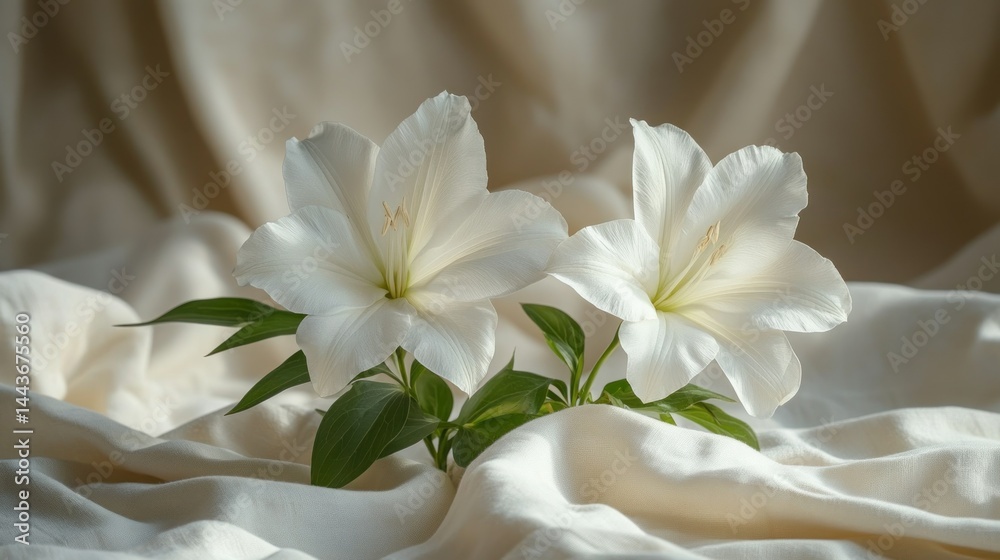 Obraz premium Two pristine white lilies on a draped fabric