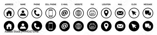 Business contact information icons set. Business contact information icons set. Address, phone, email, website, location, message, fax, mail, click flat circle icon design for web and apps.