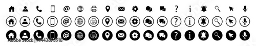 Set of contact and communication icons in three circle styles. Contact info icons for business card. Address, phone, email, website, location, message, fax, mail, click flat circle style for web.