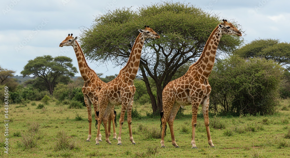 Fototapeta premium Giraffes Standing in Grassy Savannah Landscape