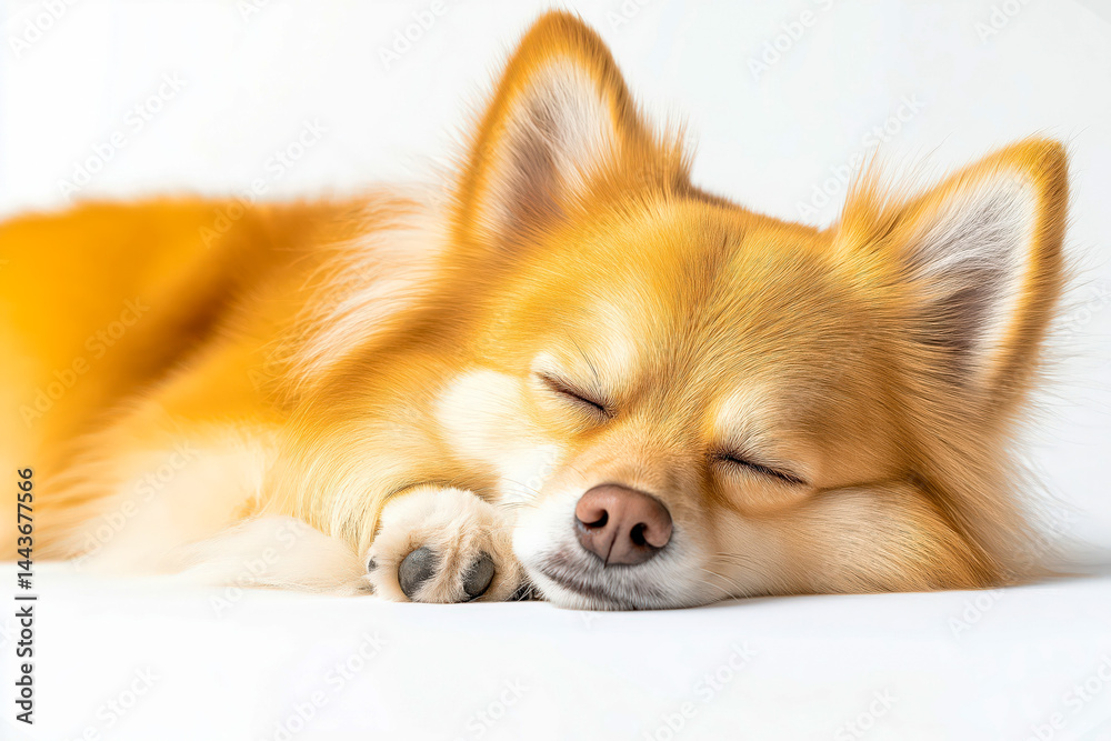 Naklejka premium Adorable fluffy dog sleeping peacefully on a comfortable white bed with closed eyes in soft light